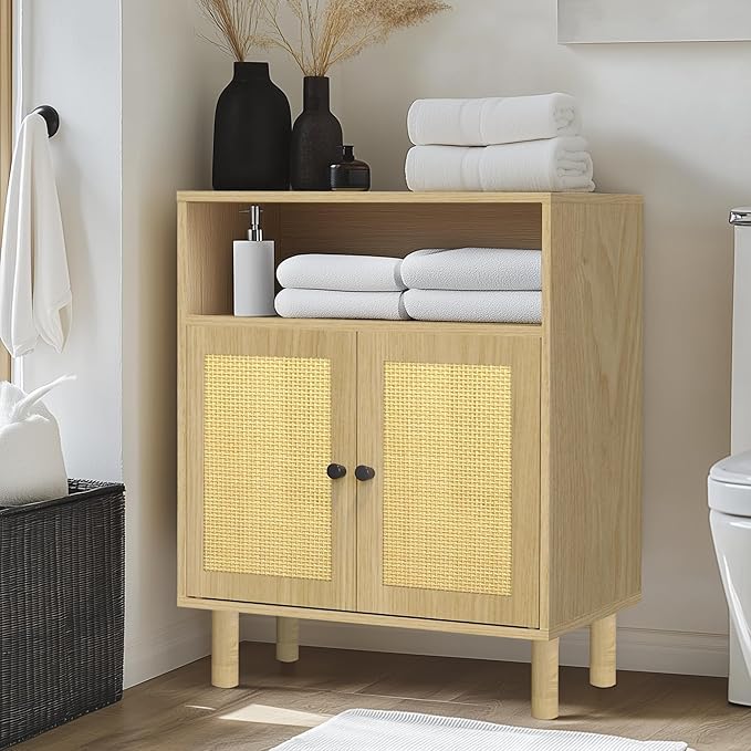 Rattan Small Coffee Bar Cabinet, Kitchen Storage Sideboad,Bathroom Corner Floor Shallow Cabinet with Adjustable Shelves & 2 Doors 11.6'' x 23.2'' x 32'' (Oak)