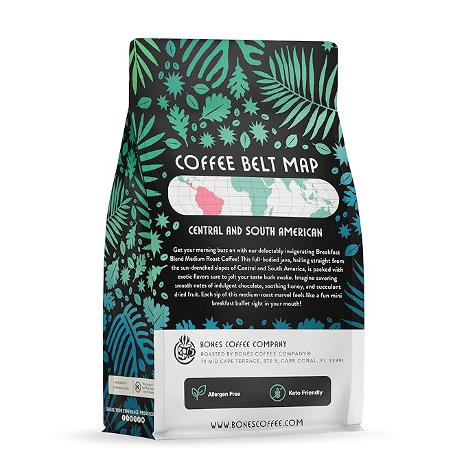 Bones Coffee Company Breakfast Blend, Chocolate, Honey and Dried Fruit Notes, Unflavored Coffee, Medium Roast Low Acid Arabica Beans Compatible with Auto drip and French Press Coffee Maker, 12 Oz Ground