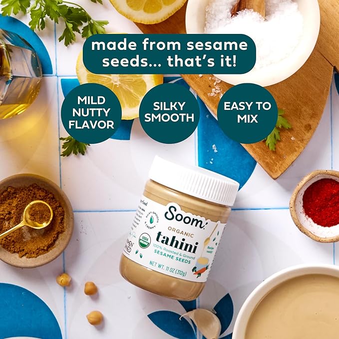 Soom Foods Organic Tahini 11oz (2 Pack) | Roasted & Ground Sesame Seed Paste | Creamy Tahini for Dubai Chocolate, Hummus, Sauces | Vegan, Nut-Free, Gluten-Free, Kosher, Keto, Paleo, Whole30