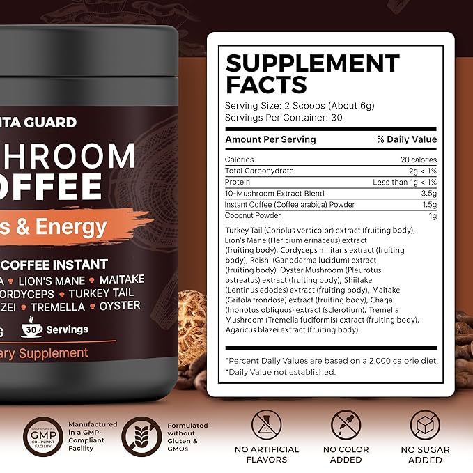 Vita Guard 10 Mushroom Coffee Instant Blend – Lion’s Mane, Cordyceps & Reishi – Premium Arabica with Coconut Powder – Focus, Energy & Immune Support | Cafe de Hongos – Rich & Smooth Adaptogenic Coffee