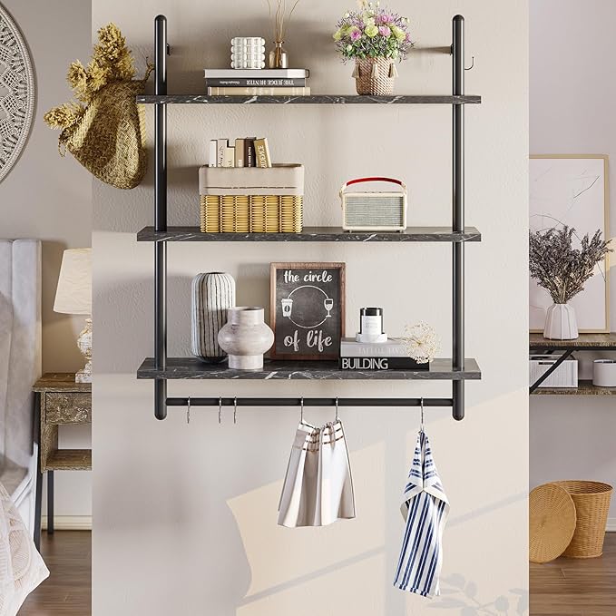 Bestier Floating Pipe Shelving, 31.5" Floating Kitchen Shelves Wall Mounted, 3 Tier Coffee Bar Shelf Ladder Bookshelf with Towel Bar Hooks for Kitchen Living Room Bathroom Bedroom, Black Marble