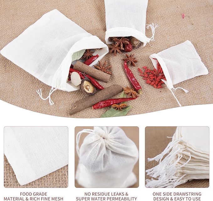 YICHEN 50pcs Empty Spice Bags for Cooking Soup,White Small Tea Filter Bags with Drawstring,Cotton material,Unbleached Muslin Bags for Coffee,Tea,Soup etc. 4 x 3 inch.
