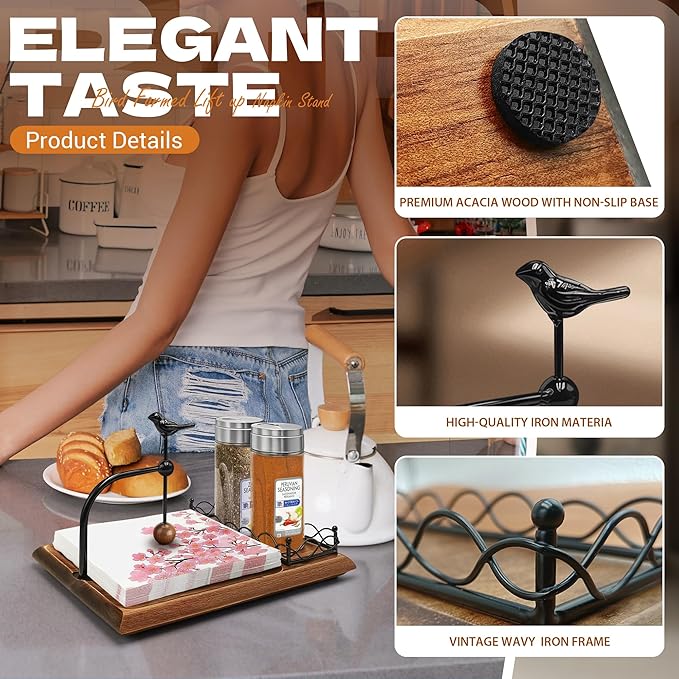 Elegant Flat Wooden Napkin Holder with Bird Design, Multifunctional Napkin Holder for Table, Kitchen, Outdoor Use Walnut Brown Wood Base Includes Space for Salt and Pepper Shakers
