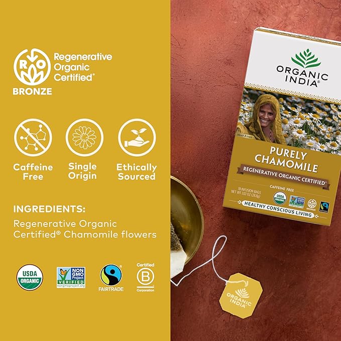 Organic India Purely Chamomile Tea - Regenerative Organic Pure Chamomile Flowers, Caffeine Free, Calming & Relaxing Herbal Tea, Natural Support for Sleep & Relaxation - 18 Tea Bags, Pack of 6