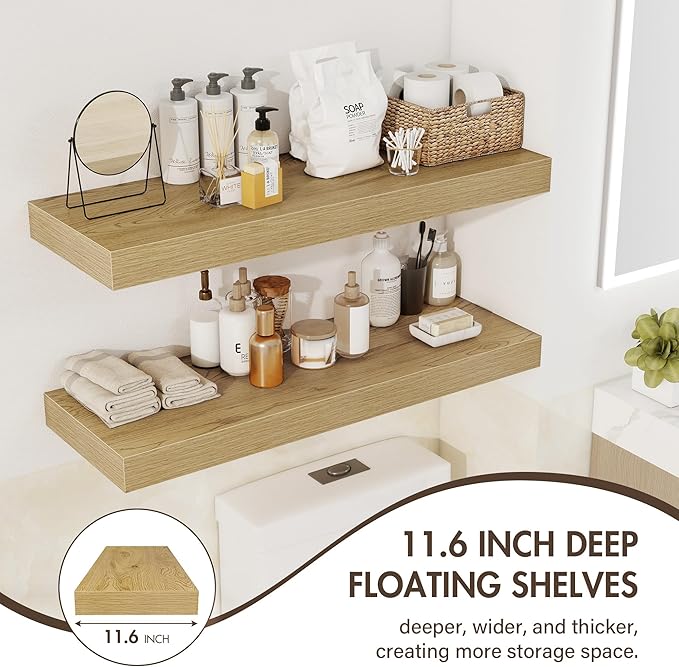 55 Inch Floating Shelves, 12" Deep Floating Shelf Wall Mounted, 55" Wall Shelves, Rustic Deep Bookshelf, Extra Deeper & Thicker Display Shelves for Bedroom, Living Room, Oak, Set of 2