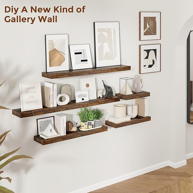 Heimlove 16 Inch Floating Shelves for Wall Rustic Brown Shelves Set of 2,Wall Mounted Rustic Wood 8 Inch Deep Floating Shelf with Invisible Brackets for Bedroom Kitchen Living Room