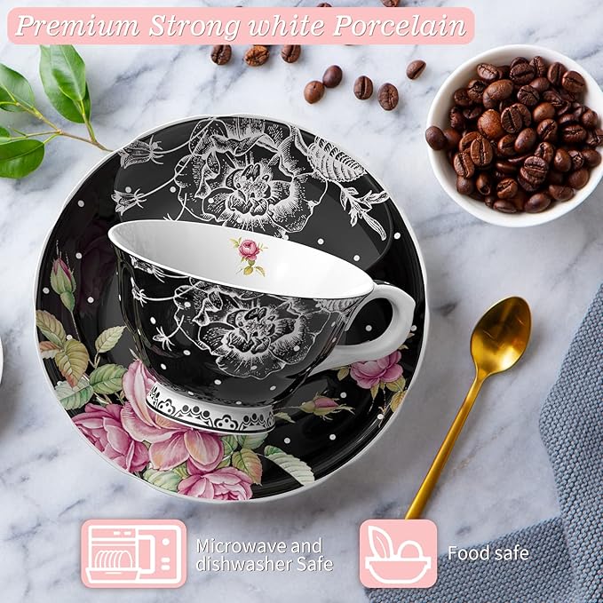 London Boutique Tea Cup and Saucer Set 1 Afternoon Tea Set New Bone China Vintage Flora Gift Box 200m (Black)