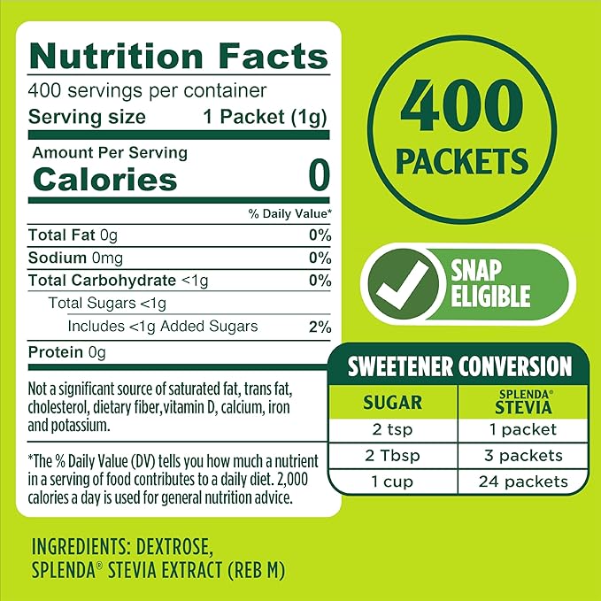SPLENDA Stevia Zero Calorie Sweetener, Sugar Substitute Packets, 400 Count (Pack of 1)