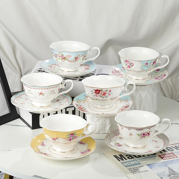 fanquare Colorful Floral Porcelain Coffee Cups with Saucers, British Tea Cups Set for 6, Classic Rose Tea Party Set for Women