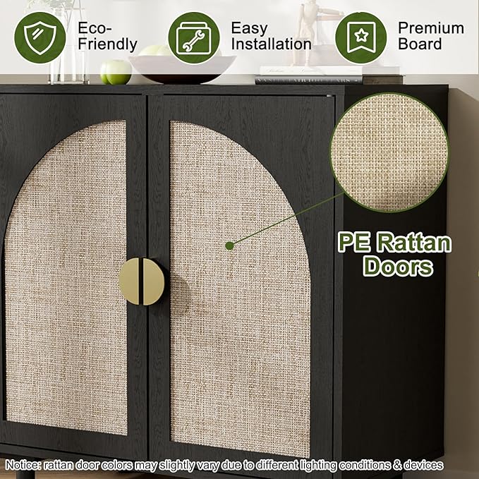 Black Rattan Sideboard Buffet Cabinet with Doors and Shelf, Rattan Accent Cabinet with Wood Feet, Boho Storage Cabinet for Living Room, Kitchen, Entryway