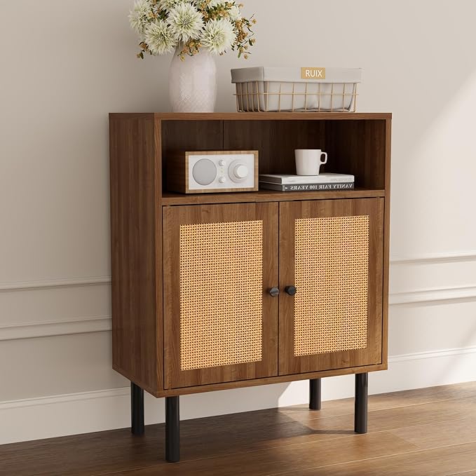 Rattan Storage Cabinet, Boho Accent Cabinet with Double Doors, Small Freestanding Sideboard for Hallway, Laundry Room,Kitchen, Dining Room, Entryway(Walnut)