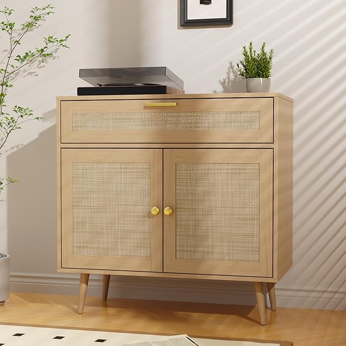 Rattan Sideboard Buffet, Boho Kitchen Cabinet with Drawer & 2 Doors, Modern Mid Century Accent Cabinet with Adjustable Shelf,Coffee Bar for Living Room, Entryway, Kitchen, Oak