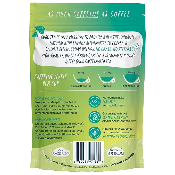 High Caffeine Tea (155 mg) - Kubo Tea: Organic Tropical Green Tea Bags for Clean Energy & Focus | Healthy Coffee Substitute | Refreshing Caffeine Blend | 20 Ct | Compostable Packaging