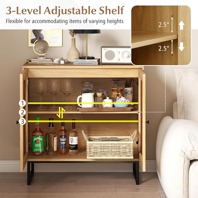 Giantex Rattan Sideboard Buffet Cabinet with Storage, Boho Sideboard with Doors & Adjustable Shelf, Small Accent Buffet Storage Cabinet with Metal Legs for Kitchen, Living Room, Entryway, Natural