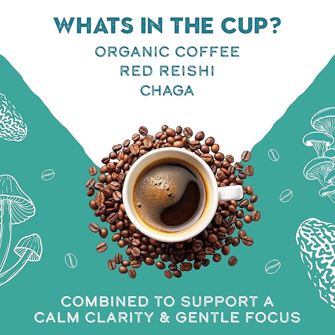 Organic Mushroom Decaffeinated Coffee Dark Roast, Red Reishi & Chaga, Swiss Water Process, Full Fruiting Bodies, Decaf for Calm and Relaxed Focus Grade 1 Single Origin Peruvian, 12oz - Ground