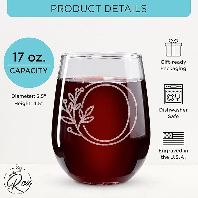 On The Rox Drinks Monogrammed Gifts For Women and Men - Letter A-Z Initial Engraved Monogram Stemless Wine Glass - 17 Oz Personalized Wine Gifts For Women and Men (O)