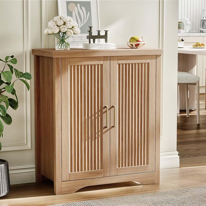 Fluted Buffet Cabinet with Storage Accent Sideboard,Modern Credenza with 2 Doors & Adjustable Shelves,Wood Coffee Bar Table Console for Dining Room Kitchen Living Room Entryway,Natural Oak