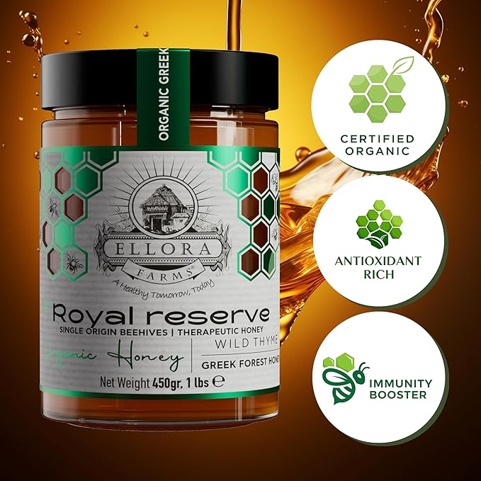 Ellora Farms Organic Greek Honey, Wild Thyme, Raw Unfiltered, Preservative and Additive Free, 2025 Paris and Dubai Gold Awards Winner, Gift Pack with Dipper - 450g (16oz)