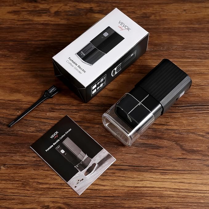 VEVOK CHEF Portable Mini Electric Coffee Grinder,Adjustable Conical Burr Coffee Bean Mill,One-Button Grinder with USB Rechargeable,Auto‑Stop for Espresso to French Press,for Outdoor Use(Black)