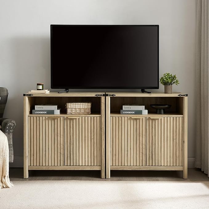 32 Inch Fluted Sideboard Buffet Cabinet with Storage, Modern Farmhouse Accent Credenza with Adjustable Shelves, Coffee Wine Bar Organizer for Kitchen, Living Room (Sunwashed Ash Oak)