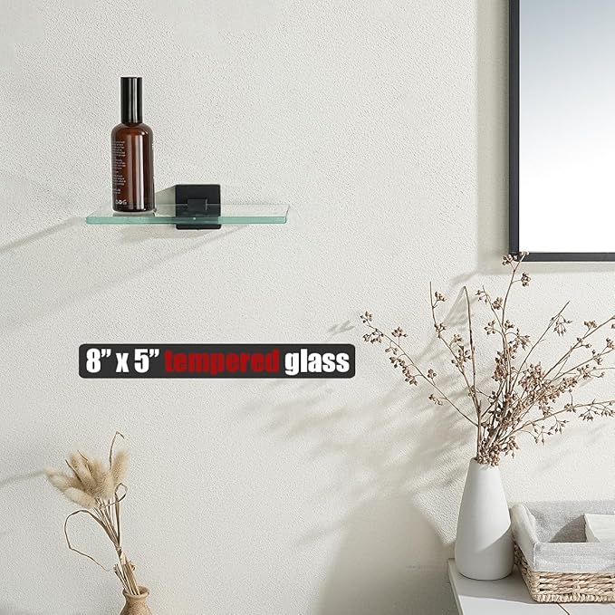 JQK Bathroom Glass Shelf Black, Tempered Glass Shower Storage 8 by 5 inches, 304 Stainless Steel Matte Black Wall Mount, TGS201L8-PB
