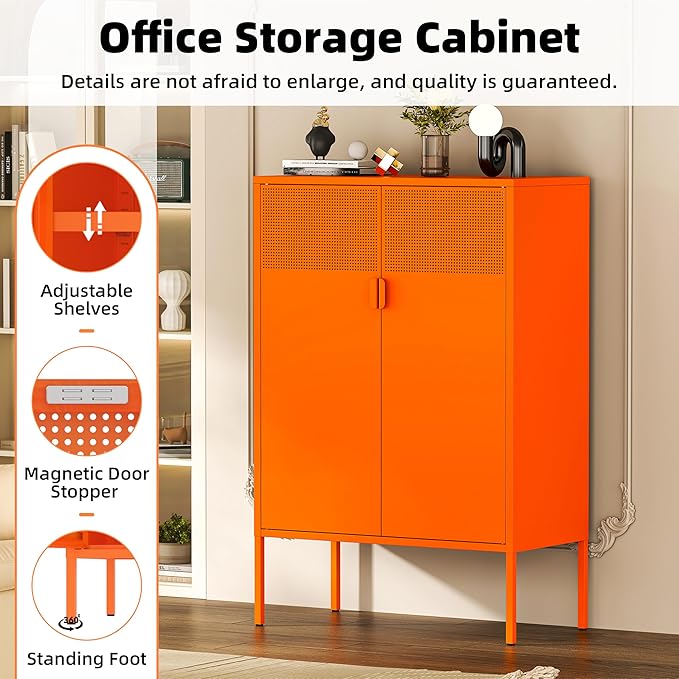 Orange Metal Storage Cabinet,2 Door TV Stand, Metal Mesh Accent Cabinet,Magnetic Door Closure,Low Storage Cabinets with Doors and Shelf for Home,Office,Living Room