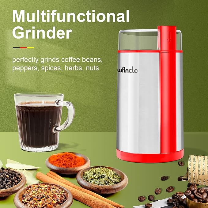 Wancle Electric Coffee Grinder, Quiet Spice Grinder, One Touch Coffee Mill for Beans, Spices and More, with Clean Brush (Red+Stainless Steel+Red)