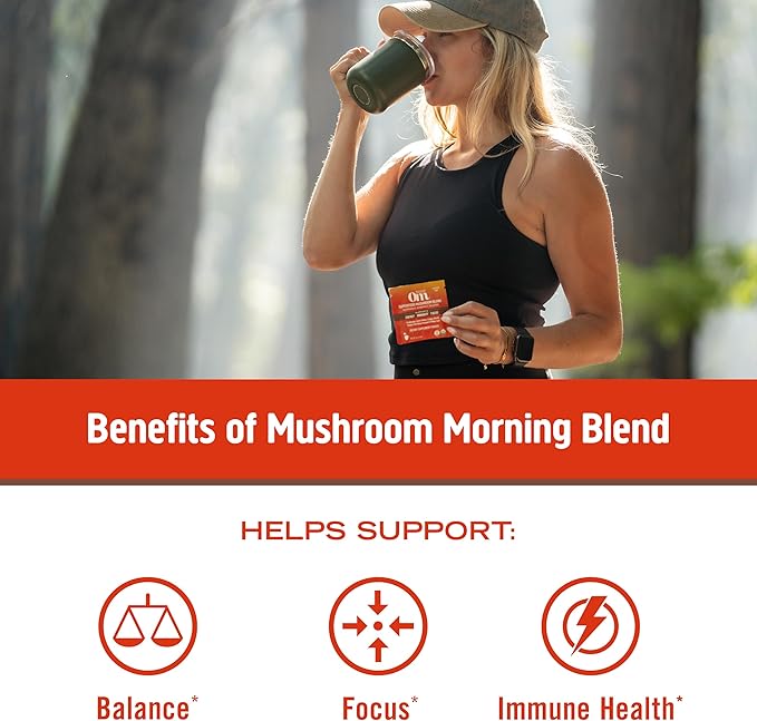 OM MUSHROOM SUPERFOOD Morning Energy Blend – Coffee-Free Mushroom Drink Mix with Cordyceps, Lion’s Mane, Rhodiola & Vitamin D2 – Natural Energy, Focus & Endurance Support – Single Serve (10 Count)