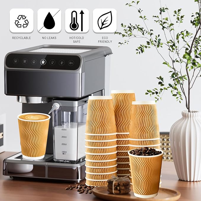 90 Pack 16 oz Disposable Coffee Cups, Insulated Ripple Wall Paper Coffee Cups 16oz, To Go Cup for Espresso, Hot Beverage Drinks (No Lids)