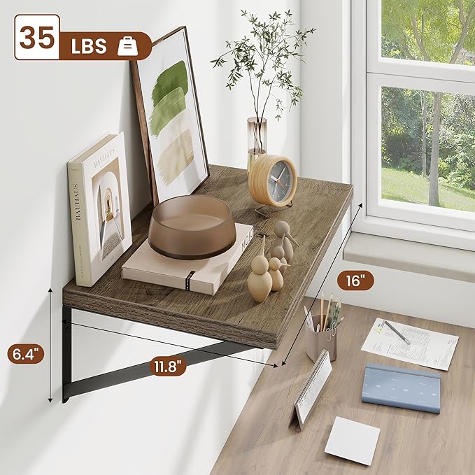 Deep Wall Shelves 16"W x 12"D Engineered Wood Floating Shelves for Wall, Sturdy Metal Bracket Bookshelves Home Decor Storage for Living Room Bedroom Bathroom Kitchen, Set of 2, Grey Finish