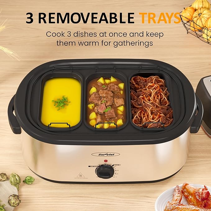 Sunvivi 24 QT Electric Roaster Oven with Self-Basting Lid, 3 Compartments, and Keep Warm Function, Full-Range Temperature Control (150-450°F), Stainless Steel