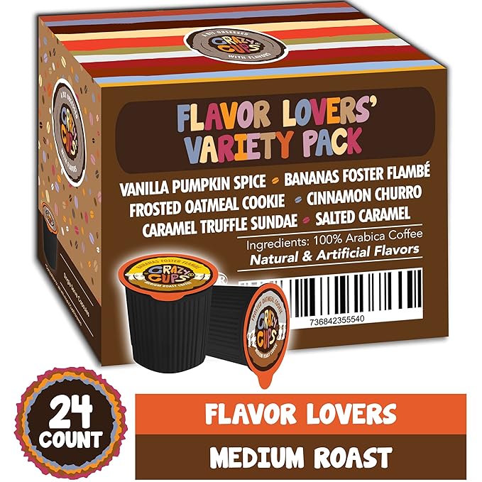 Crazy Cups Flavored Coffee Pods Variety Pack - Coffee Flavors for the Keurig K Cups Machine, Recyclable Single Serve Cups, 24 Count (Pack of 1)