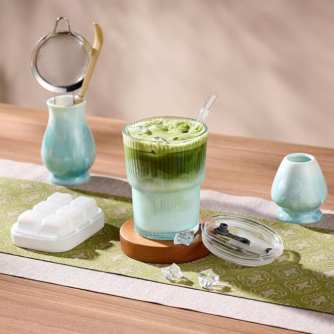 Matcha Whisk Set – Crystalline Glaze Bowl, Bamboo Whisk & Holder, Scoop & Sifter with Holder, Cup with Lid & Straw, Ice Cube Tray & Tea Towel – Blue Matcha Gift Set for Women, Christmas Gifts