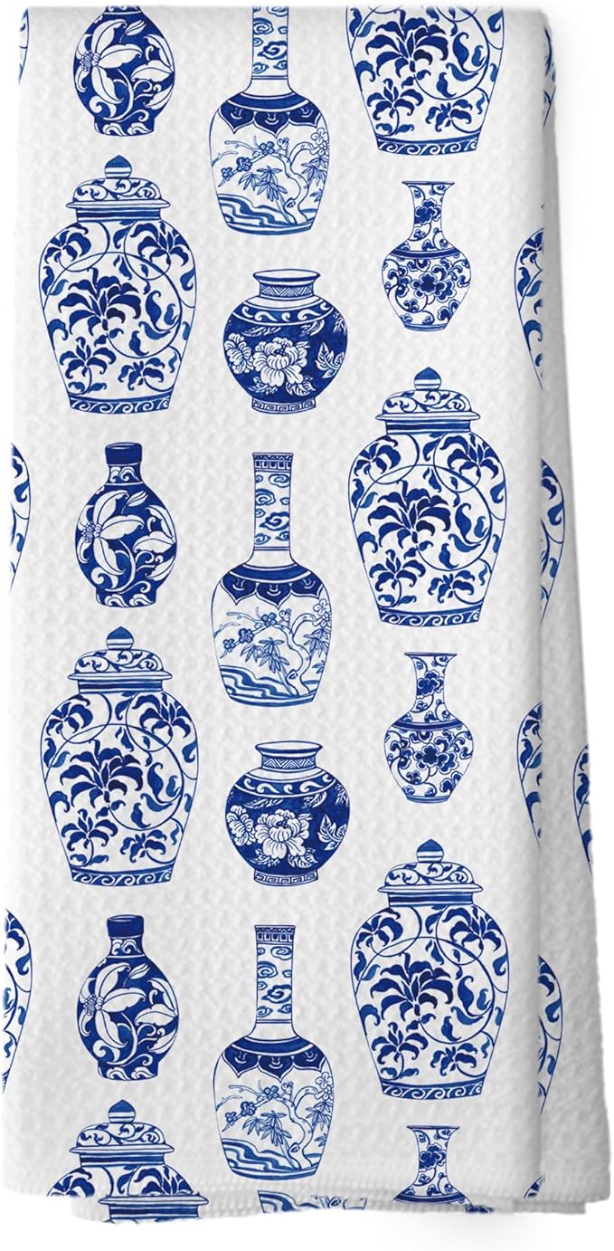 Chinoiserie Porcelain Kitchen Dish Towels, Blue and White Floral Bottle Gifts for Women, Grand Millenial Decor，Trendy Floar Flower Ginger Jar Hand Towels Kitchen Tea Towels Decorations, 16x24inch