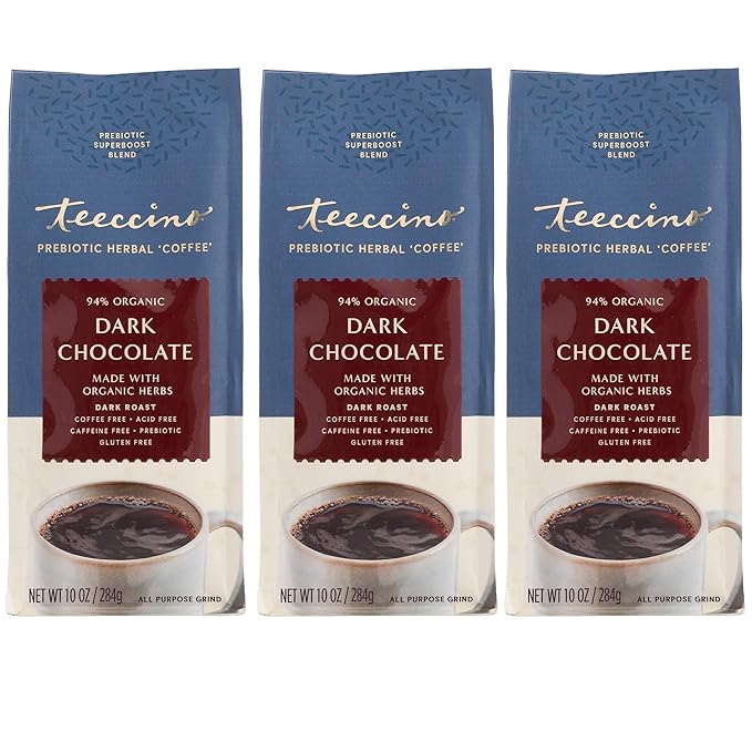 Teeccino Dark Chocolate Prebiotic SuperBoost™ Coffee Alternative - Support Probiotics with Caffeine-Free Herbal Coffee Featuring 3 Vegan Prebiotics for Gut Health, 10 Ounce, Pack of 3