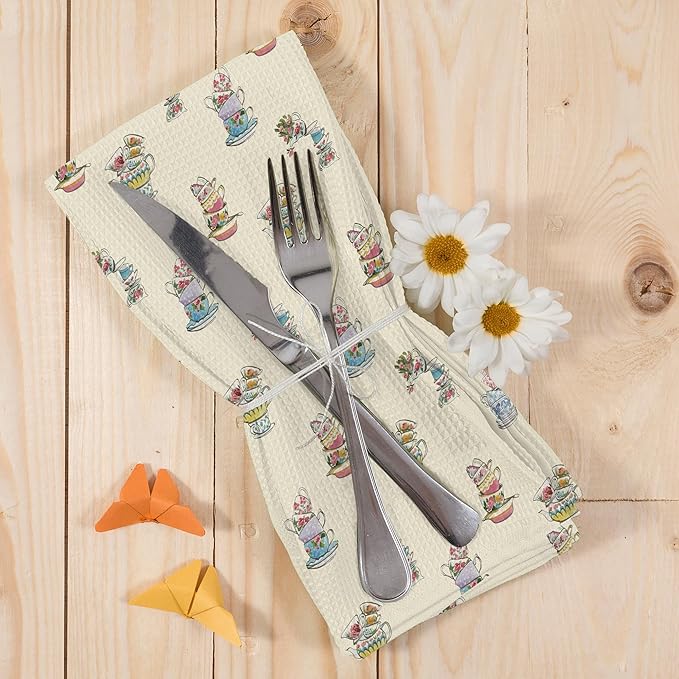 Vintage Spring Floral Teacups Kitchen Dish Towels, Retro Garden Tea Lover Gifts for Women, Roses Flower Cups Teapots Kitchen Decor, Tea Time Hand Towels Kitchen Tea Towels Decorations, 16x24inch
