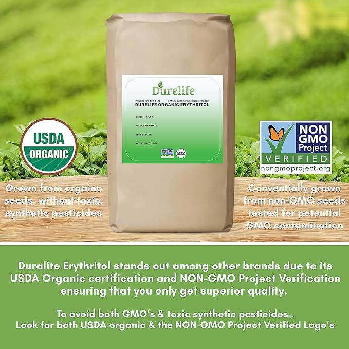 Durelife USDA organic erythritol sweetener, non gmo verified, Keto certified, No After Taste, Kosher, Zero Calorie Plant-Based Sugar Alternative 55 LB, Bulk Bag 880 oz