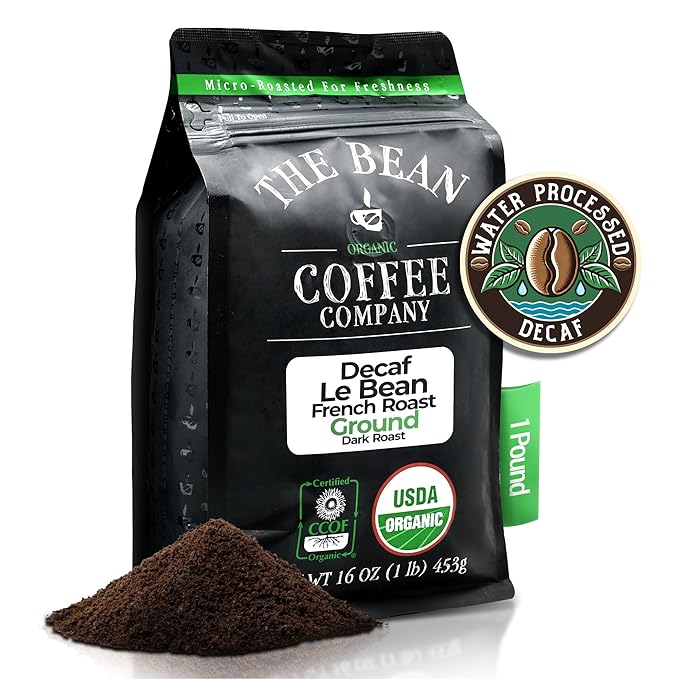 The Bean Organic Coffee Company Water Processed DECAF Le Bean, Dark French Roast, Ground Coffee, 16-Ounce Bag, Café Molido Tostado Orgánico descafeinado