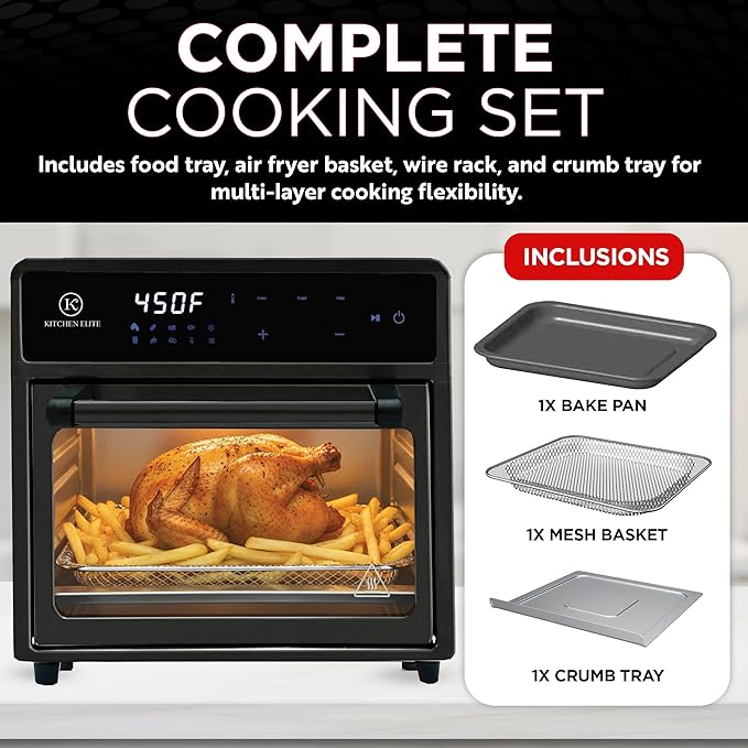 Kitchen Elite Air Fryer Toaster Oven Combo,10-in-1 12.6QT Compact Countertop Oven,9 Touch Screen Presets & 1 DIY Function,Easy Digital Controls,4 Accessories Included (Black)