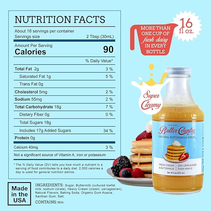 Uncle Bob's Butter Country Original Buttermilk Syrup for Pancakes and Waffles, Less Sugar, No Corn Syrup, Gluten Free, Made without Artificial Flavors, 16 fl oz Bottle/2 Pack