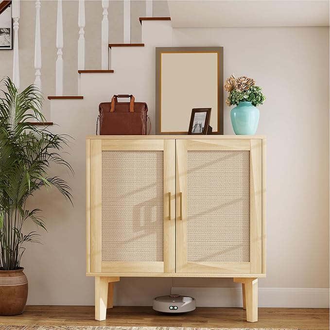 Bigroof Rattan Cabinet, Modern Accent Buffet Cabinet with Magnetic Doors, Sideboard Buffet for Hallway, Entryway, Living Room, or Kitchen (Natural)