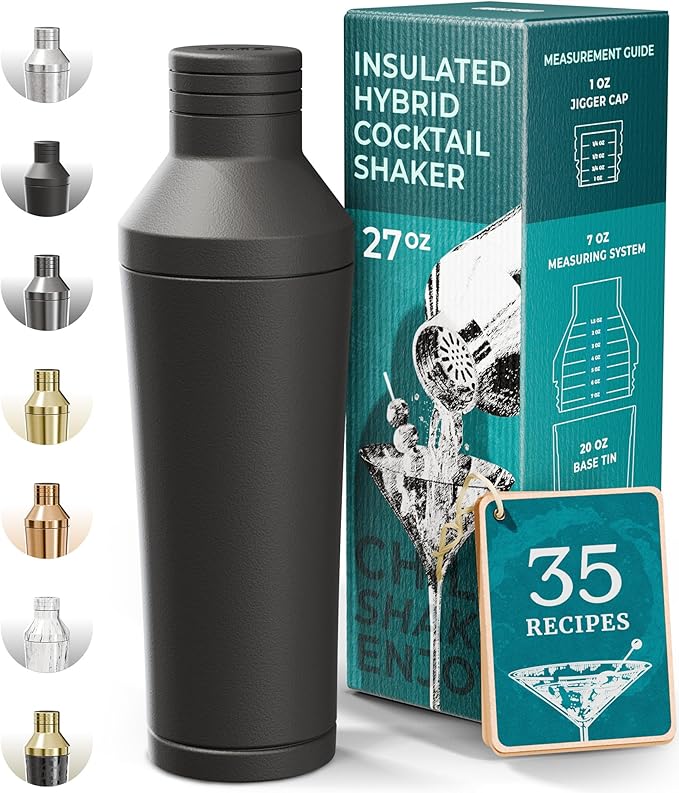 Insulated Cocktail Shaker Set | Double Wall Stainless Steel | Martini Shaker for Home Bar Bartending | Built-in Drink Measurement System & Strainer, Travel Bag, 35 Recipes | Gift Set (Matt Black)