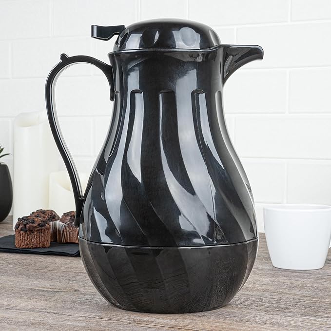 Restaurantware-Restpresso 64 Ounce Coffee Carafe, 1 Insulated Coffee Server - Push-Button Top, Swirl Design, Black Plastic Pitcher, Built-In Handle, With Identification Tags