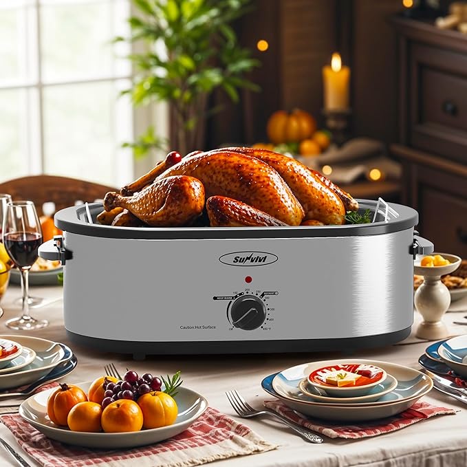 Sunvivi Electric Roaster, 18 Quart Roasting Oven with Self-Basting Lid Removable Pan, Turkey Roaster Oven with 150 to 450F Temperature Control Cool-Touch Handles, Silver
