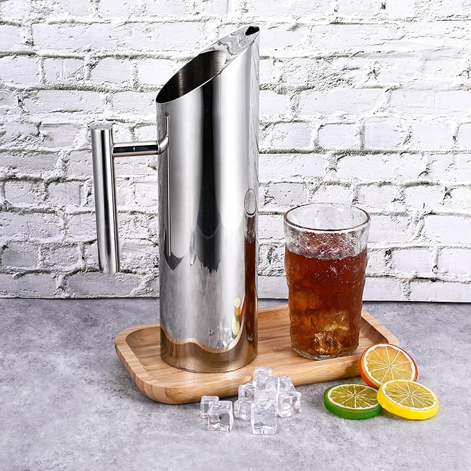 53oz/1.5L Stainless Steel Water Pitcher Metal Pitcher with Ice Guard Silver Carafe Drink Pitcher with Handle for Juice, Coffee, Milk, Iced/Hot Tea