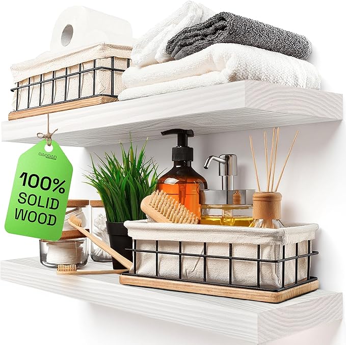BAOBAB WORKSHOP Wood Floating Shelves for Bathroom Wall - White Shelves for Bedroom Kitchen Living Room - Solid Wood Shelves - White - 24 x 6.7 Inch, Set of 2