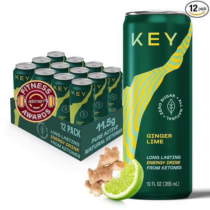 KEY Ketone Drink - Ketones for Energy & Focus, Sugar Free & Low Caffeine from Green Tea with L-Theanine, No Crash or Jitters, All Natural, Lightly Carbonated, Ginger Lime (Pack of 12)