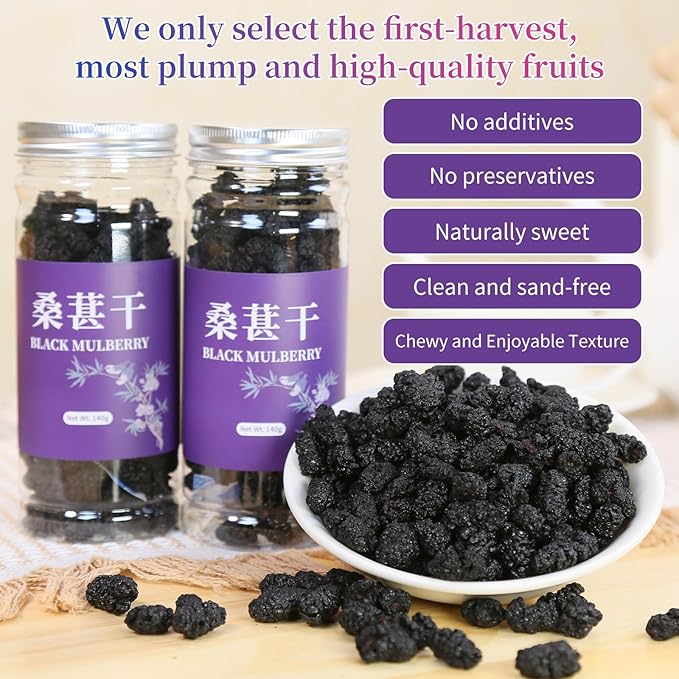 Wanhua Hall Premium Dried Black Mulberries Fruit Black Mulberry Tea No Sugar Added, No Additives, All Natural, Unsulfured Great for Desserts and Tea, Healthy Fruit Snack 黑桑椹干 桑葚280g/10oz