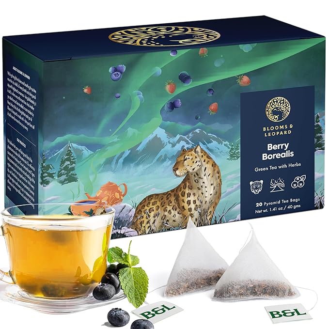 Blooms & Leopard Premium Green Tea Bags – Berry Borealis Blend with Hibiscus, Blueberries, Strawberries, & Spearmint – 20 Pyramid Tea Bags for Hot or Iced Tea