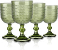 Joeyan Green Vintage Wine Goblet Glasses,Embossed Colored Stemmed Glass Cups,Hobnail Stemware Drinking Glasses,Romantic Beaded Glassware for Water Juice Cocktail,12 oz,Set of 4,Dishwasher Safe